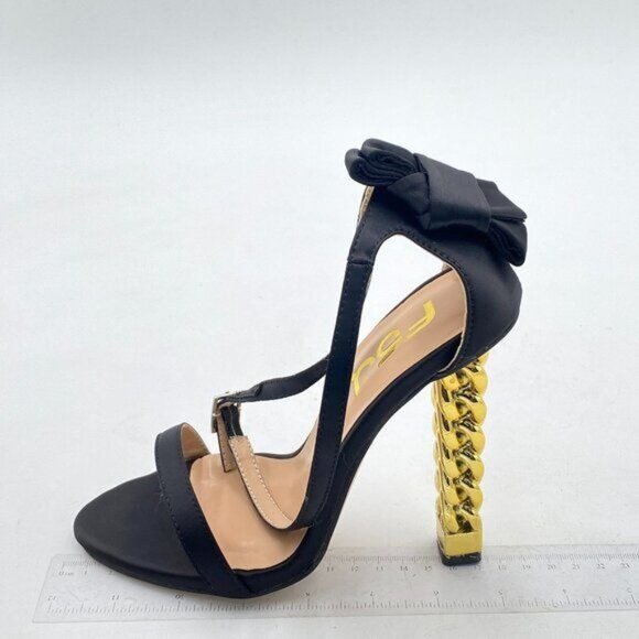 FSJ Black Bows Gold Metal Chain Chunky High Heels Ankle Strap Open Toe Sandals - Picture 2 of 8